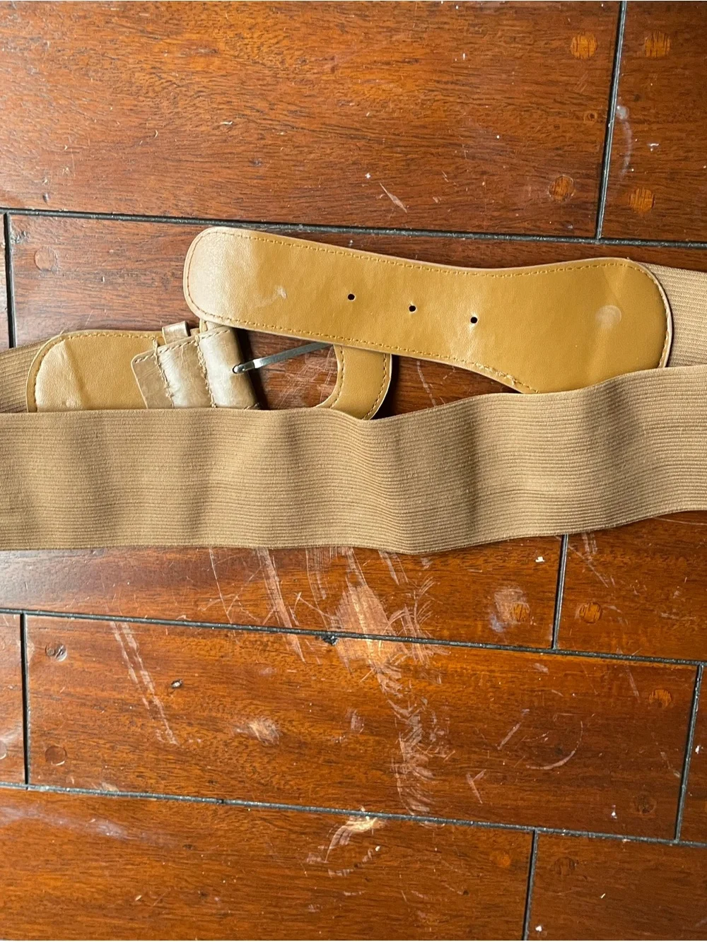Wide Tan Elastic Waist Belt with Buckle